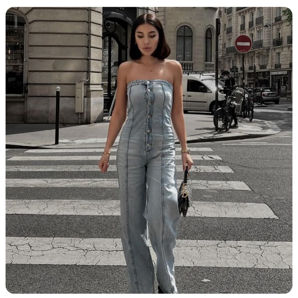 ZARA TRF Strapless Wide Leg Denim Jumpsuit 8197/059/400